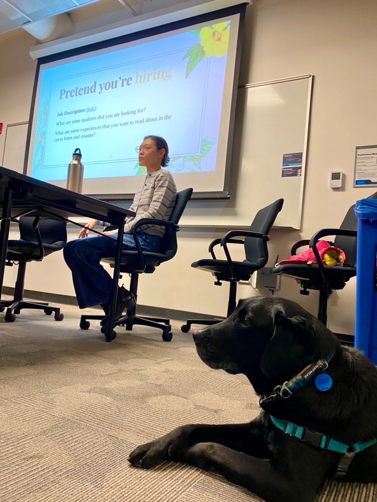 Image of Doreen presenting the cover letters and resumes workshop with Tiffany, black labrador retriever. Tiffany is lying on the carpet with her paws crossed in front of her. Tiffany is listening intently with her eyes wide open. 