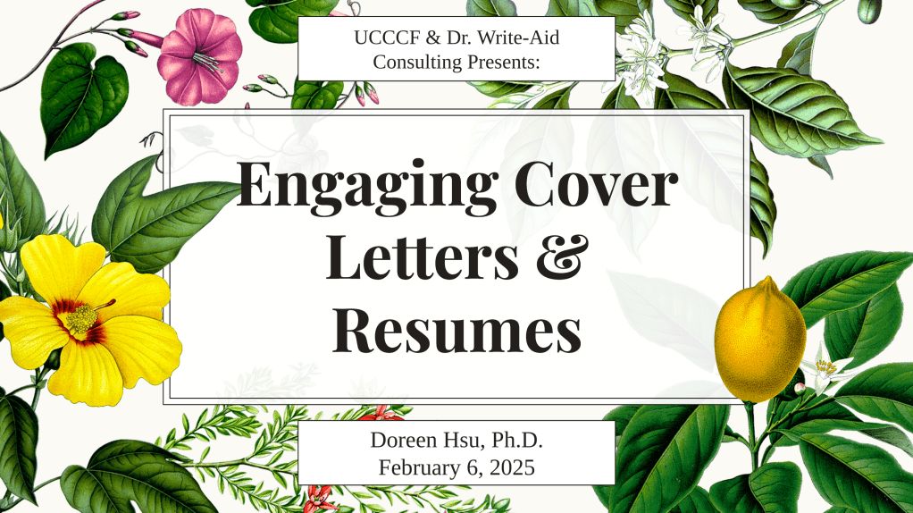 Title slide of Doreen Hsu's Cover Letters and Resumes workshop. The title slide features colorful illustrations of fruits and flowers. 