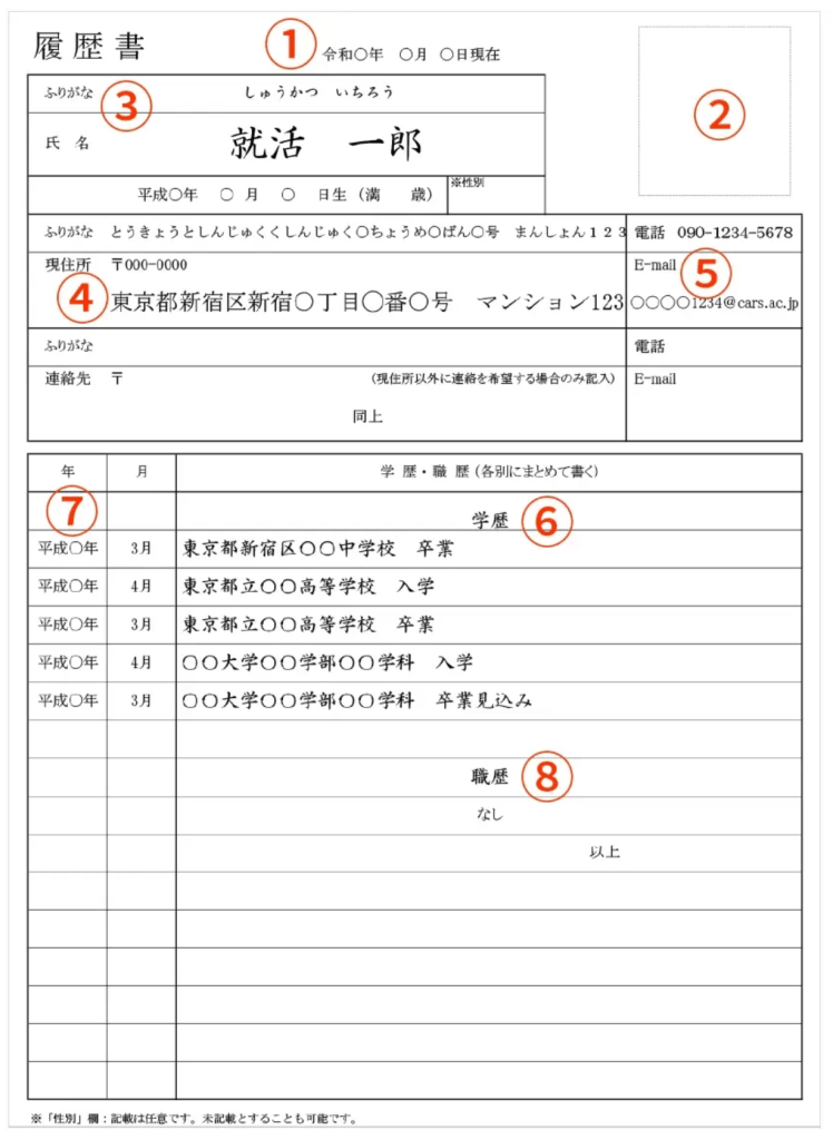 Image of sample resume form for Japanese job applications, which includes name, photo, contact information, and education history.