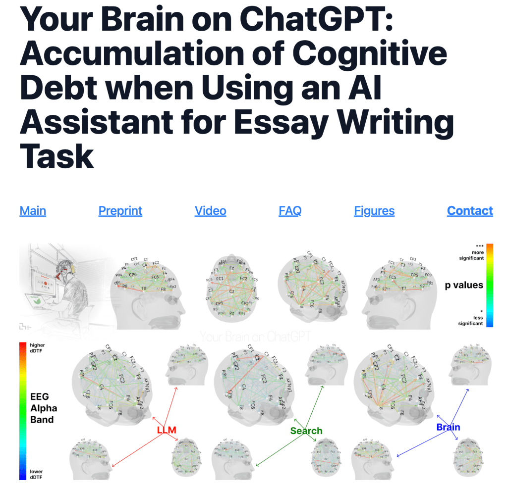 2025 study from MIT in a research paper titled "Your Brain on ChatGPT: Accumulation of Cognitive Debt when Using an AI Assistant for Essay Writing Task."