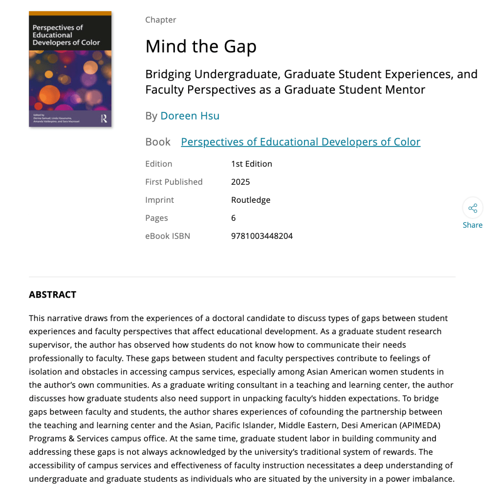 A screenshot of Doreen's publication on graduate student labor. The publication is titled, "Mind the Gap: Bridging Undergraduate, Graduate Student Experiences, and Faculty Perspectives as a Graduate Student Mentor."