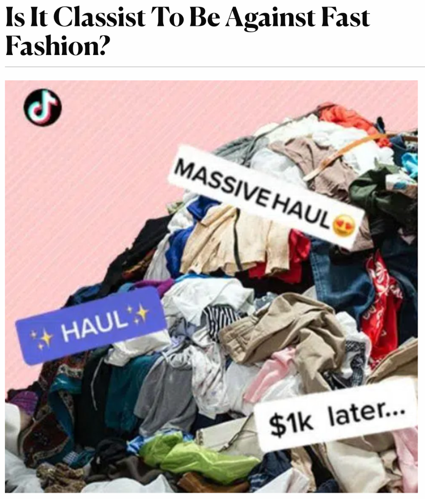 A screenshot of an article by Derek Guy that discusses some of the debates surrounding fast fashion. The article is titled, "Is it classist to be against fast fashion?"