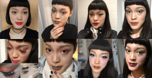 Collage of images of Doreen wearing different makeup looks while working in beauty retail, often featuring bold lip colors and eye makeup colors.